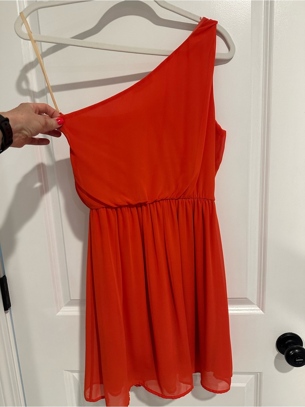 LUSH One-Shoulder Chiffon Bright Orange-Red Dress